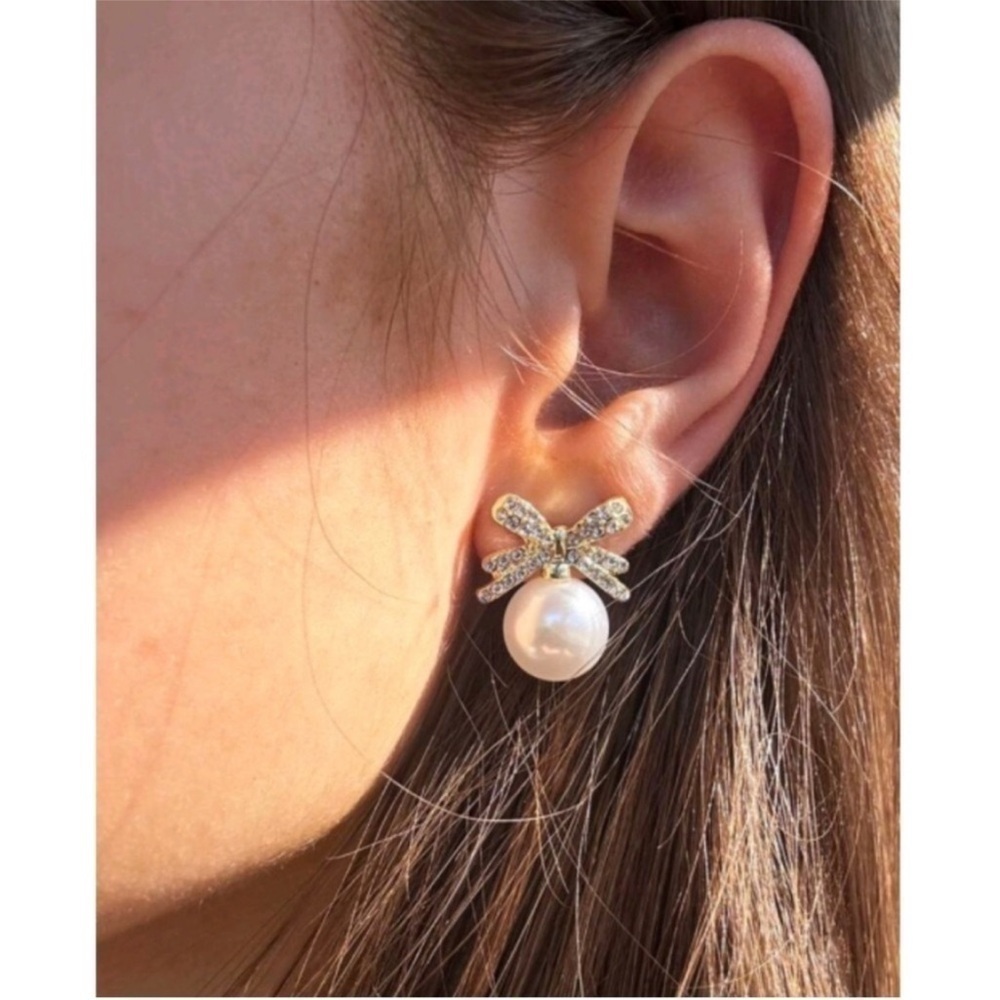 Anthropologie Kari Pearl and Bow Gold Rhinestone Classy Earrings